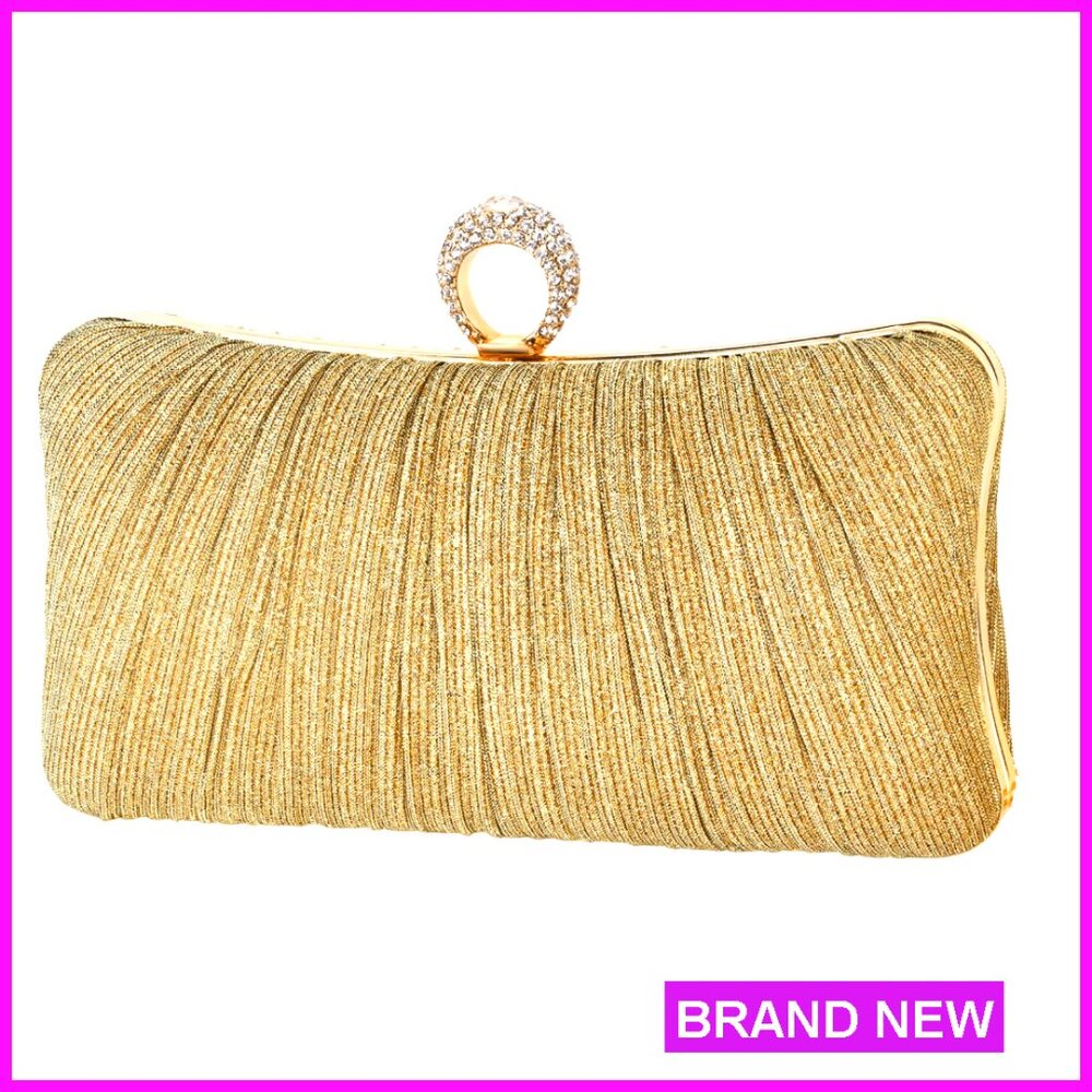 Golden Glitter Clutch Pleated Evening Bag Rhinestone Ring Elegant Bridal Party